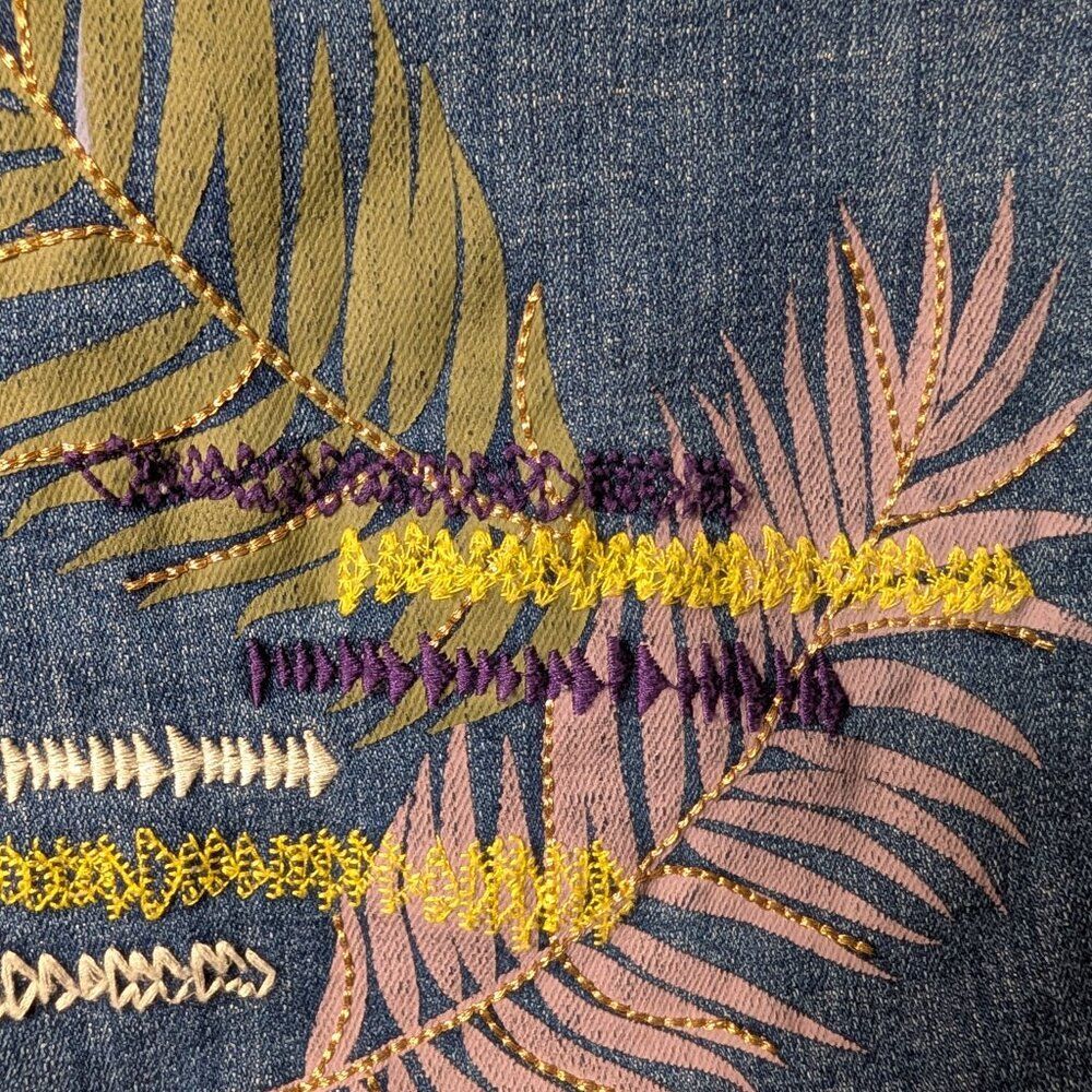 Chico's Tropical Embroidered Denim Jacket Small Blue Floral Boho Jean Coat - Picture 12 of 14